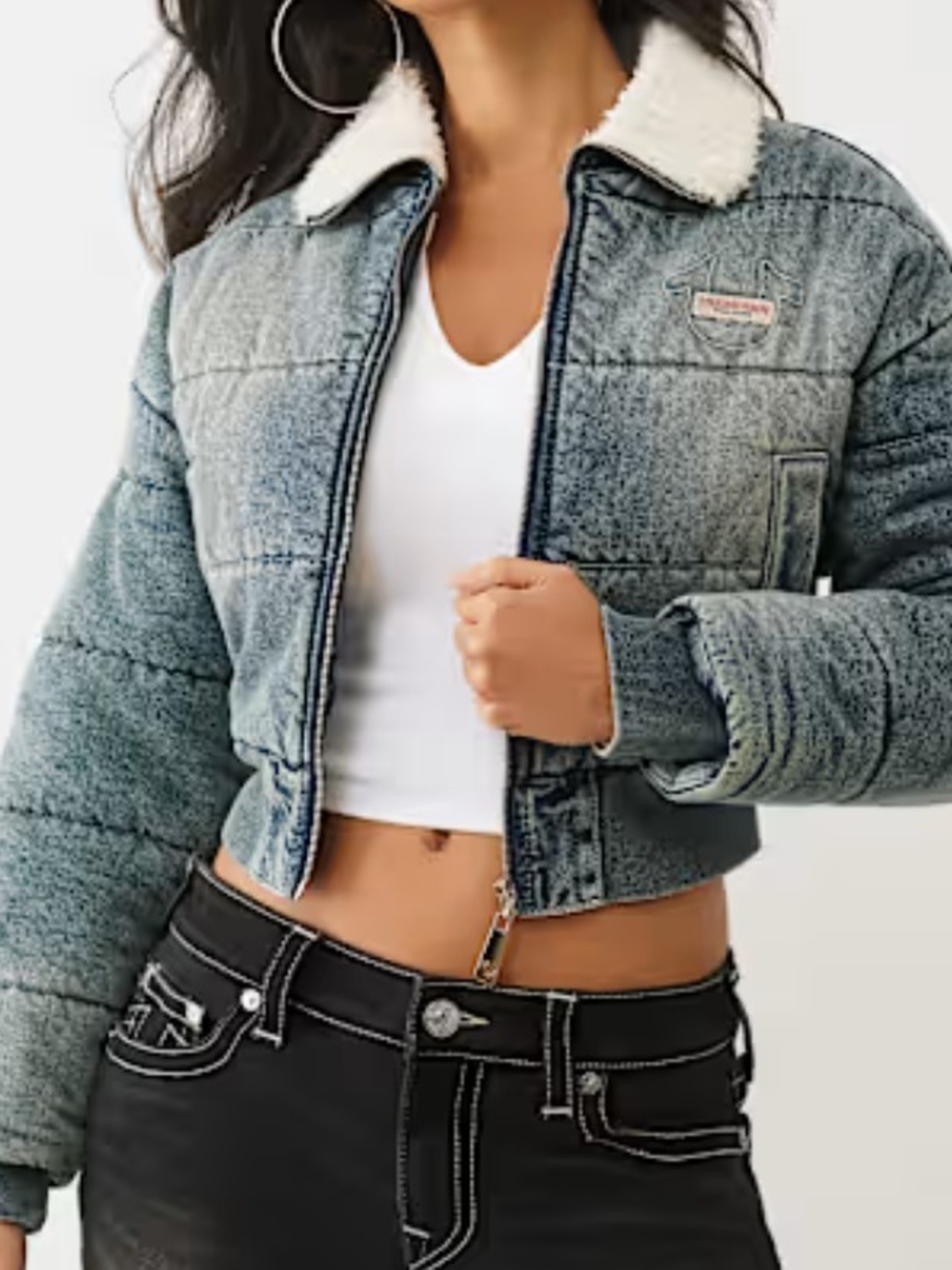 True Religion Cropped Sherpa-Collar Denim Puffer Jacket - Light Blue